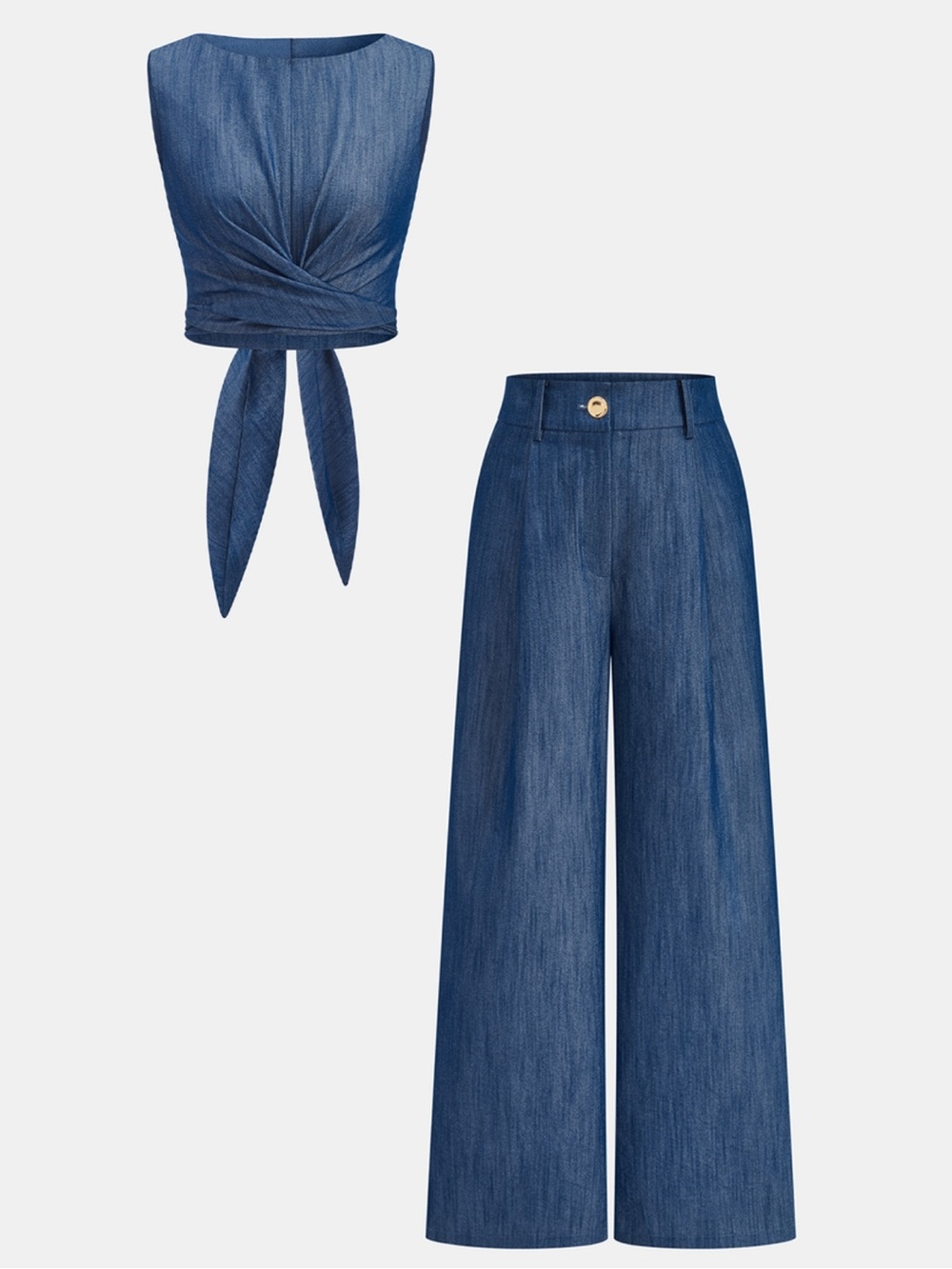COMMENSE Blue Cross-Tie Crop Top & Wide Leg Pants Set L NWT